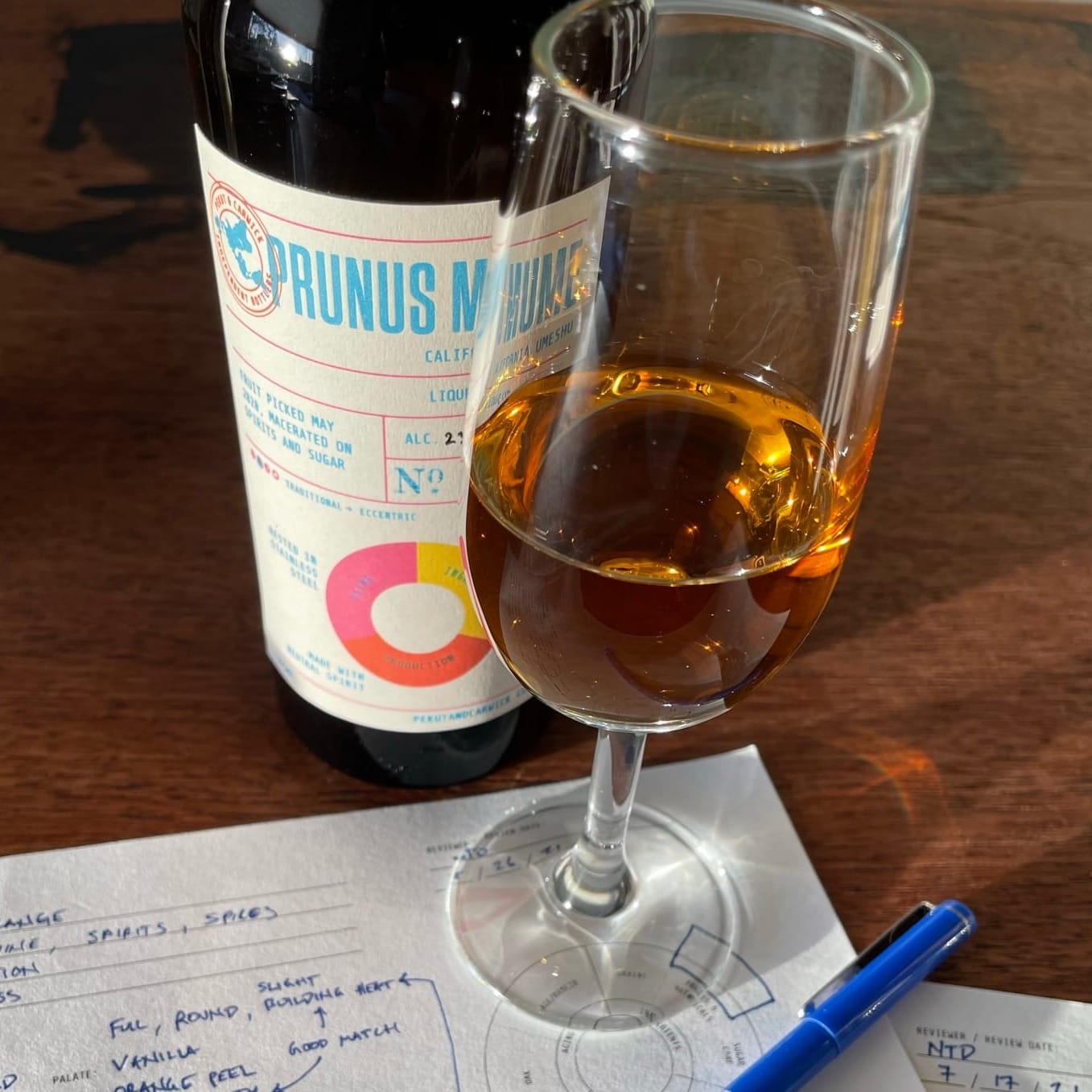 A glass of Pekut and Carwick Prunus Mume Umeshu accompanied by a bottle, pen, and tasting notes.