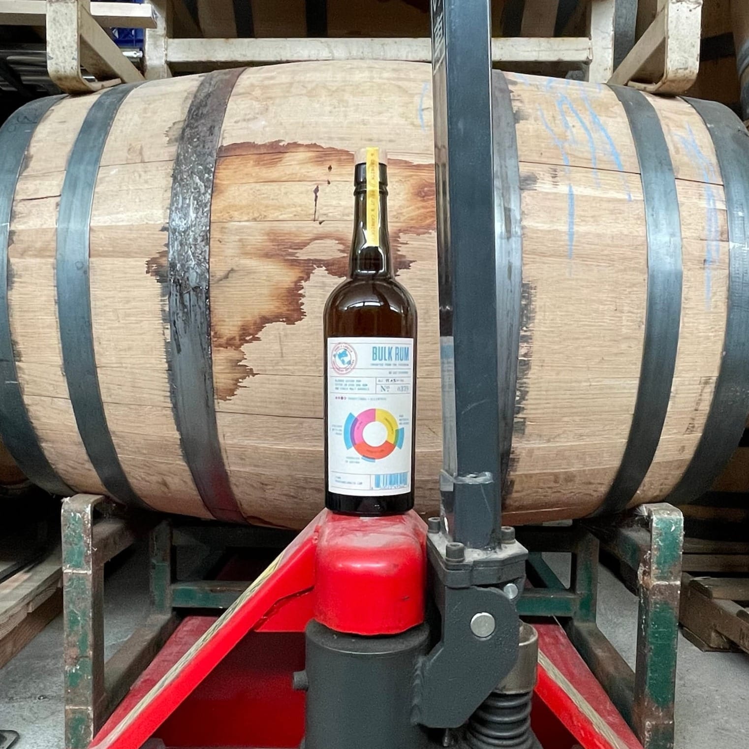 A bottle of Pekut and Carwick Bulk Rum balanced on a pallet jack in front of a barrel.